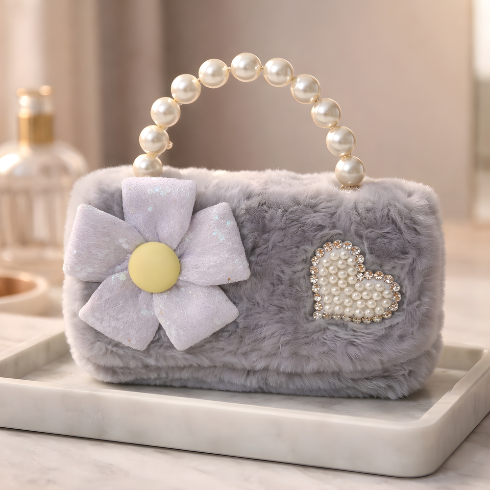 Plush Faux Fur Handbag with Pearl Handle and Flower Accent - Gray